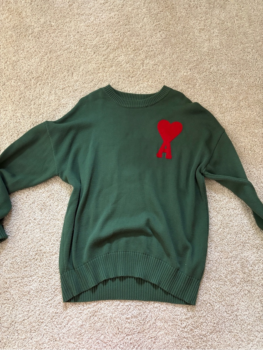 COPY Ami Dark Green Crewneck Sweater with Red Heart 'A' Patch